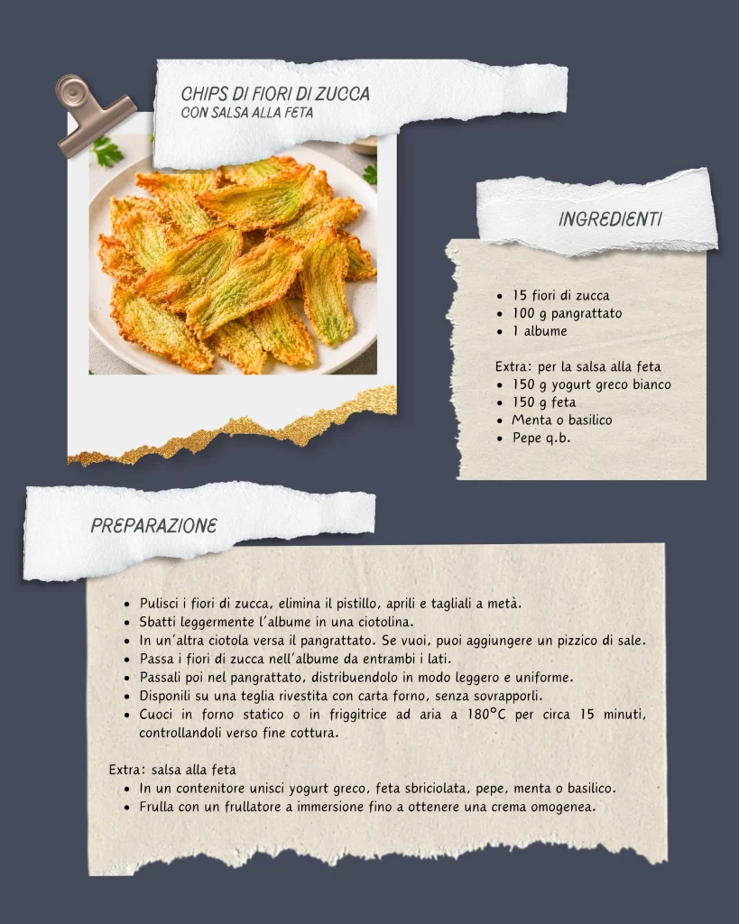 Chips di fiori di zucca al forno con salsa alla feta - nutrizionista cologno monzese